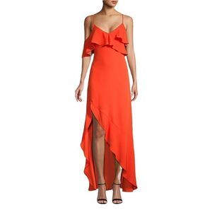 BCBGMAXAZRIA Sleeveless Ruffled Asymmetrical Hem Gown Poinsettia Red 8